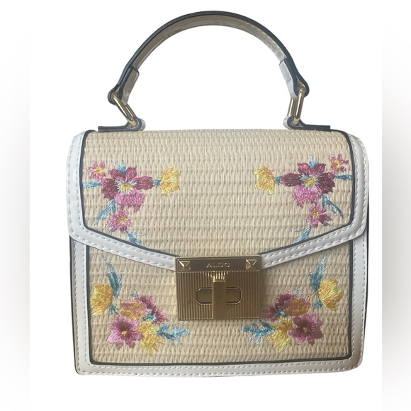 Aldo Handbags - Aldo Tan and White Mini Bag with Floral Embroidery